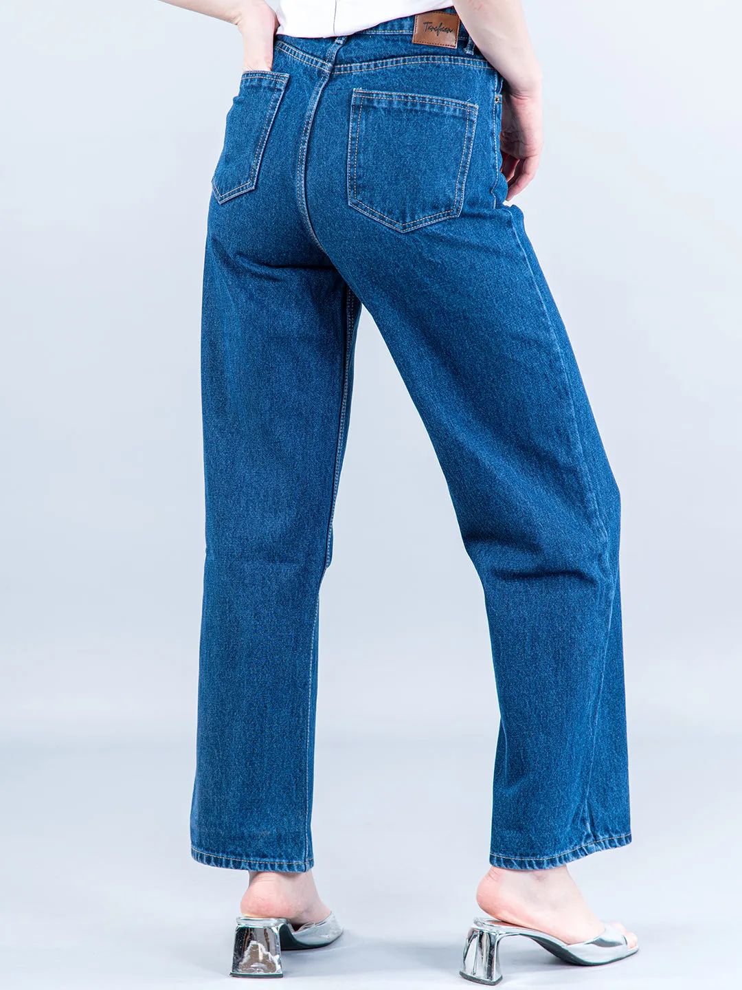 Mid Blue Straight Flared-fit Jeans For Women