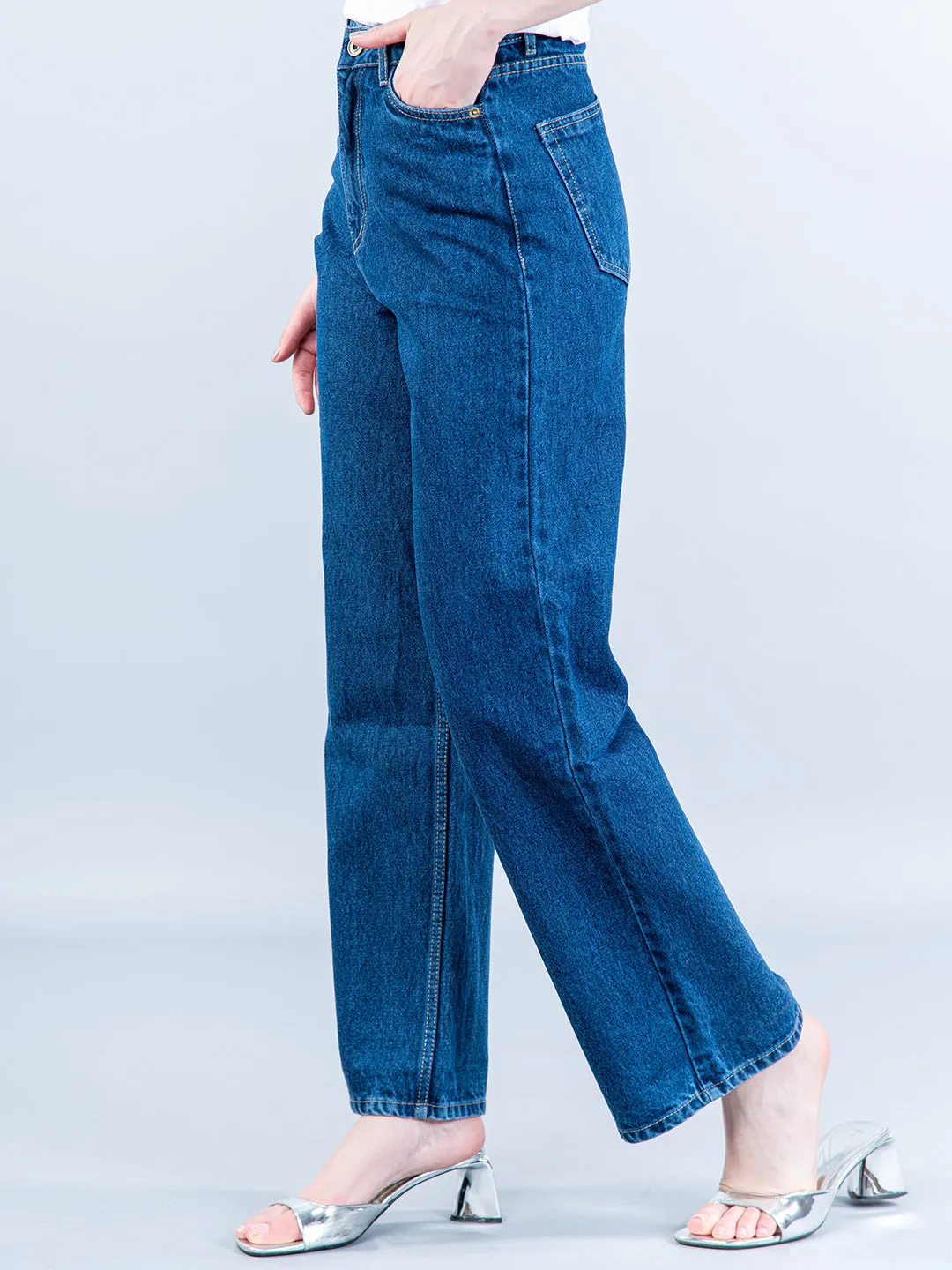 Mid Blue Straight Flared-fit Jeans For Women