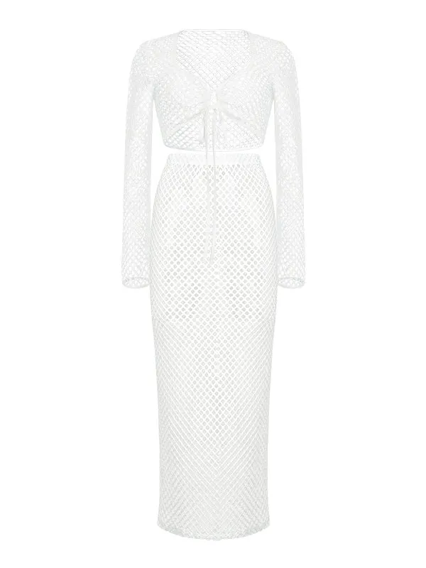 Momnfancy White Mesh Cut Out Long Sleeve Wrap Hip Knitted Sundress Photoshoot Maternity Dress