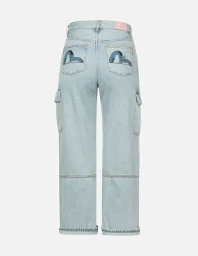 Multi-Pocket Distressed and Seagull Appliqué Fashion Fit Cargo Jeans