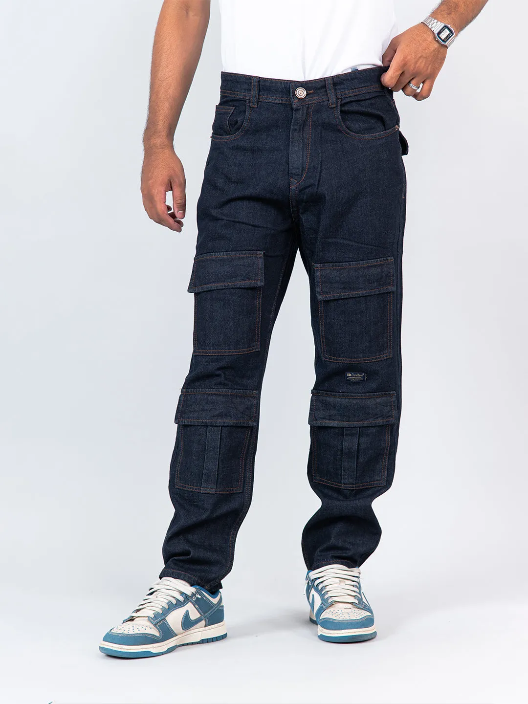 Navy Blue Cargo Baggy Fit Denim Jeans