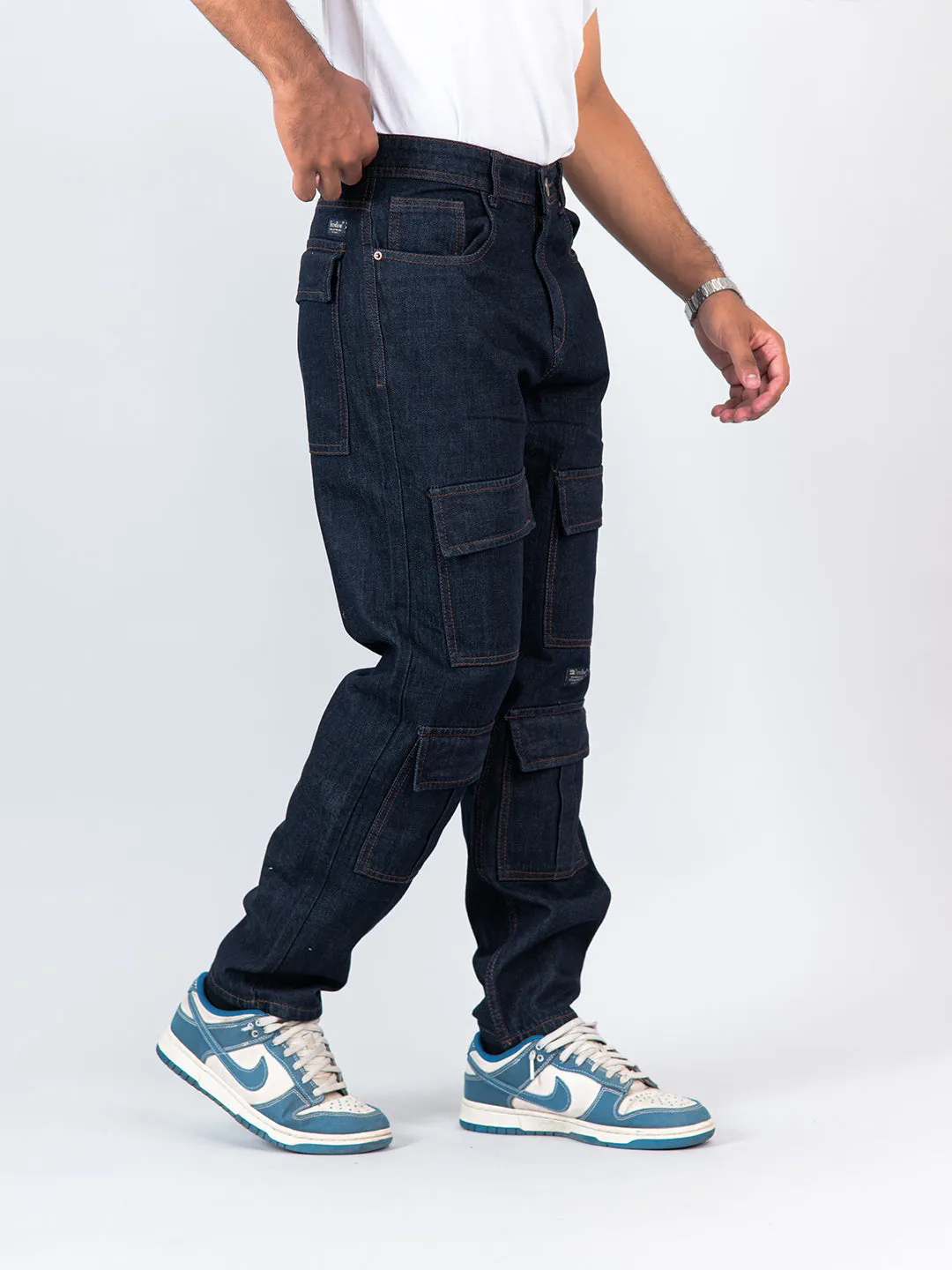 Navy Blue Cargo Baggy Fit Denim Jeans