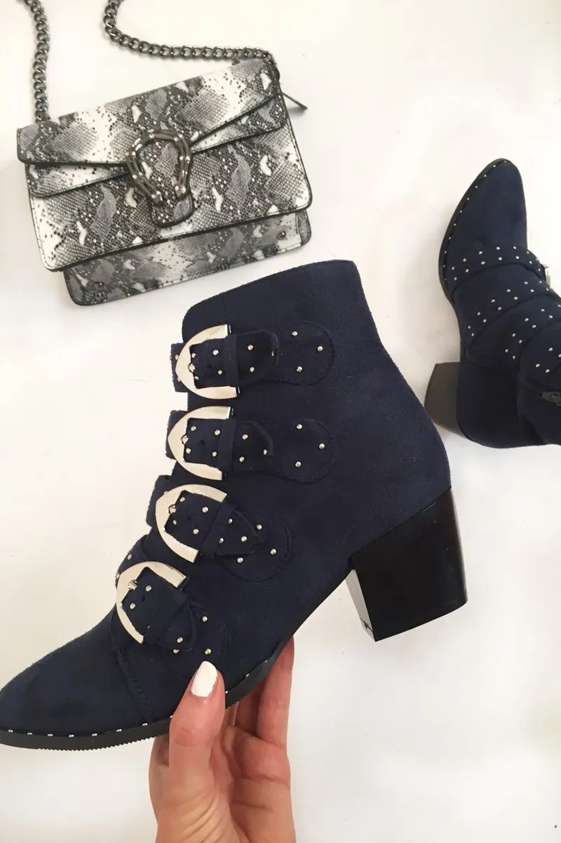 Navy Faux Suede Multi Buckle Ankle Boots - Sissy