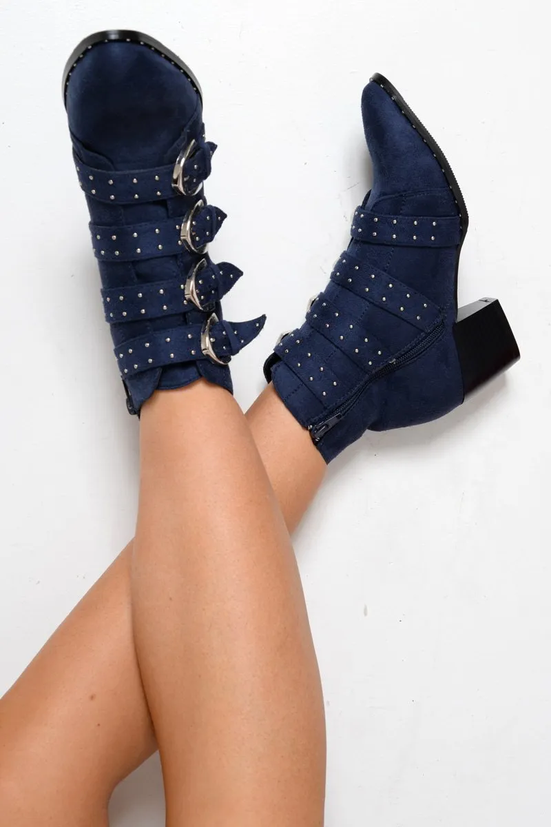 Navy Faux Suede Multi Buckle Ankle Boots - Sissy