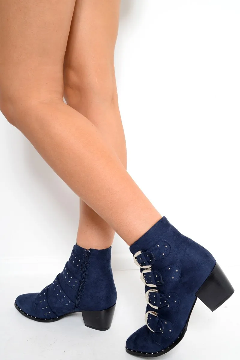 Navy Faux Suede Multi Buckle Ankle Boots - Sissy