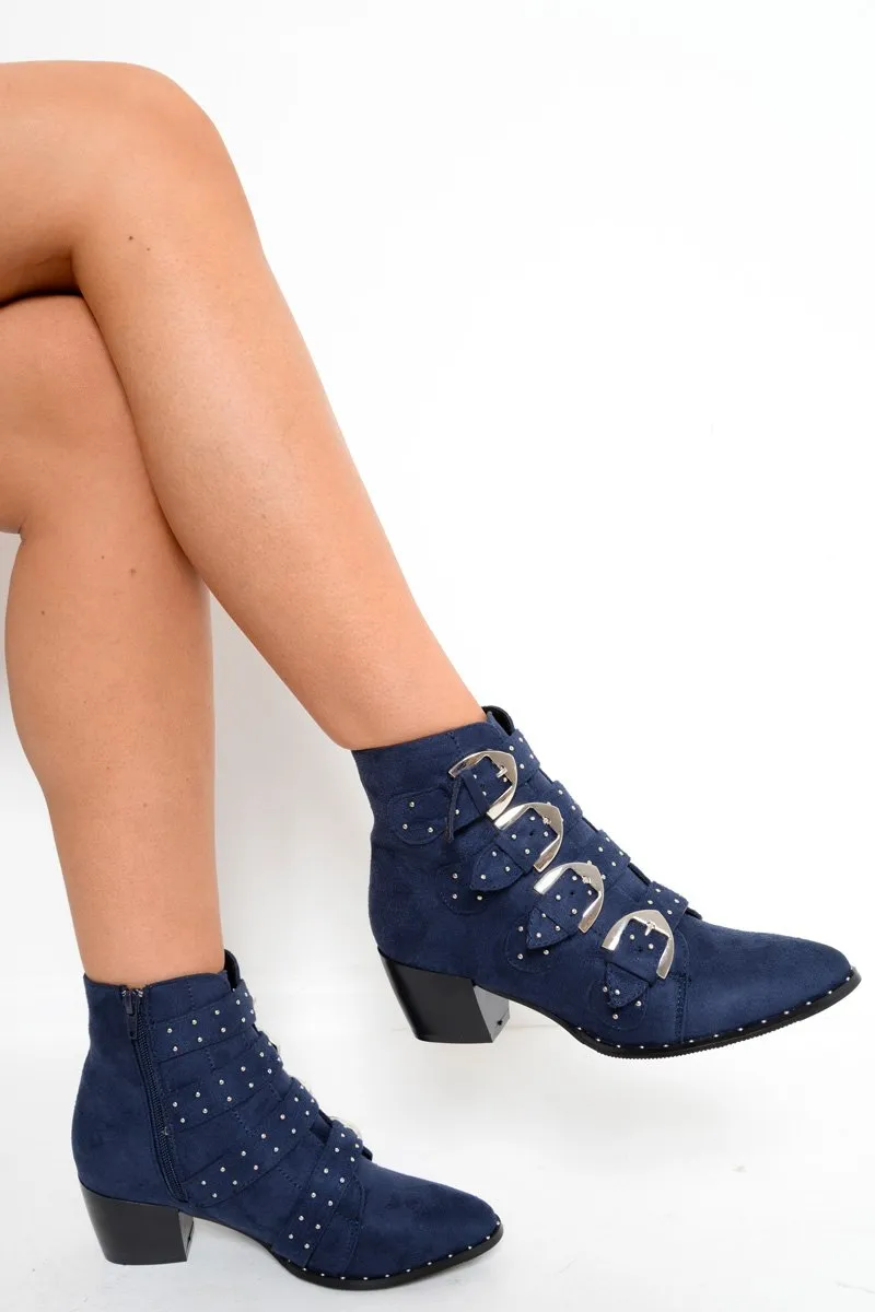 Navy Faux Suede Multi Buckle Ankle Boots - Sissy