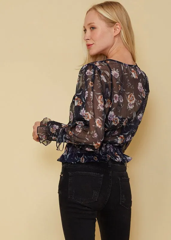 Nurode Wax Flower Smocked Cuff Blouse