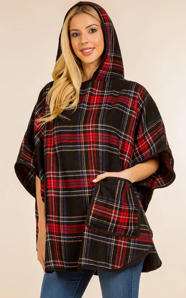 PA4226 Check Pattern Poncho w/Pocket & Hood