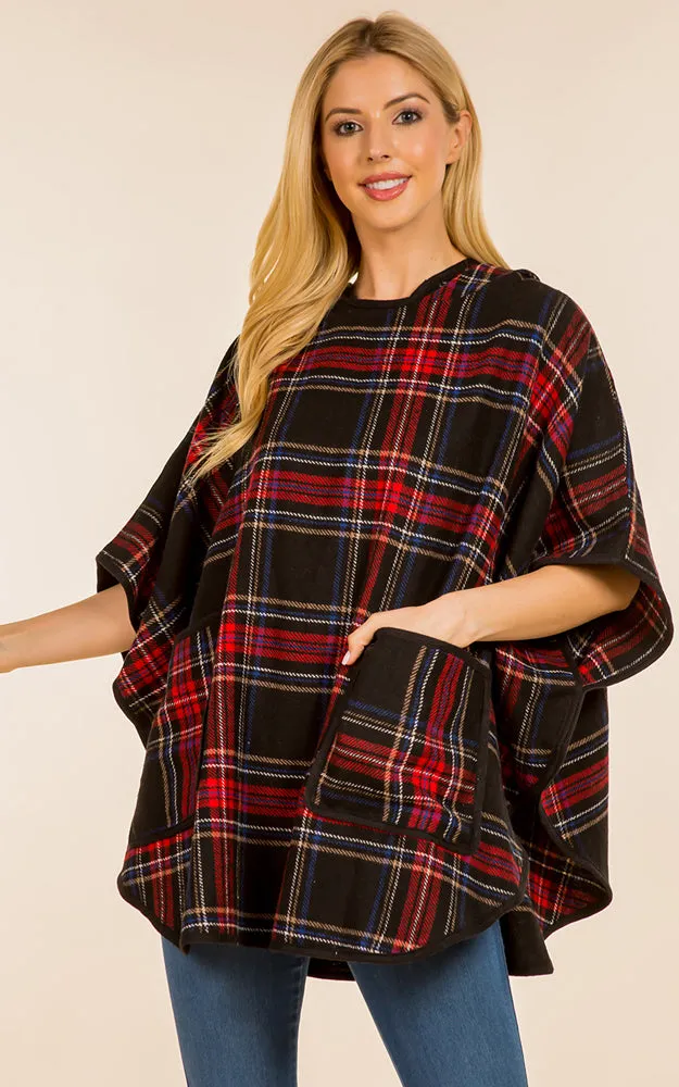 PA4226 Check Pattern Poncho w/Pocket & Hood