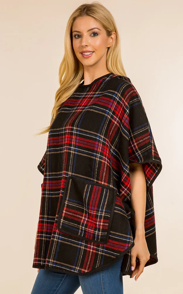 PA4226 Check Pattern Poncho w/Pocket & Hood