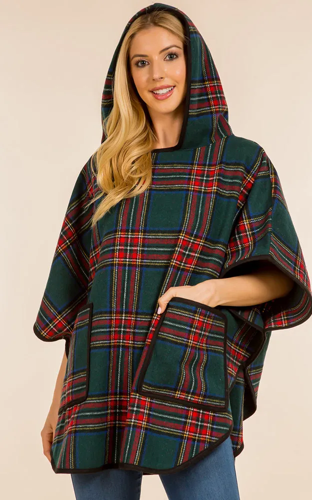 PA4226 Check Pattern Poncho w/Pocket & Hood