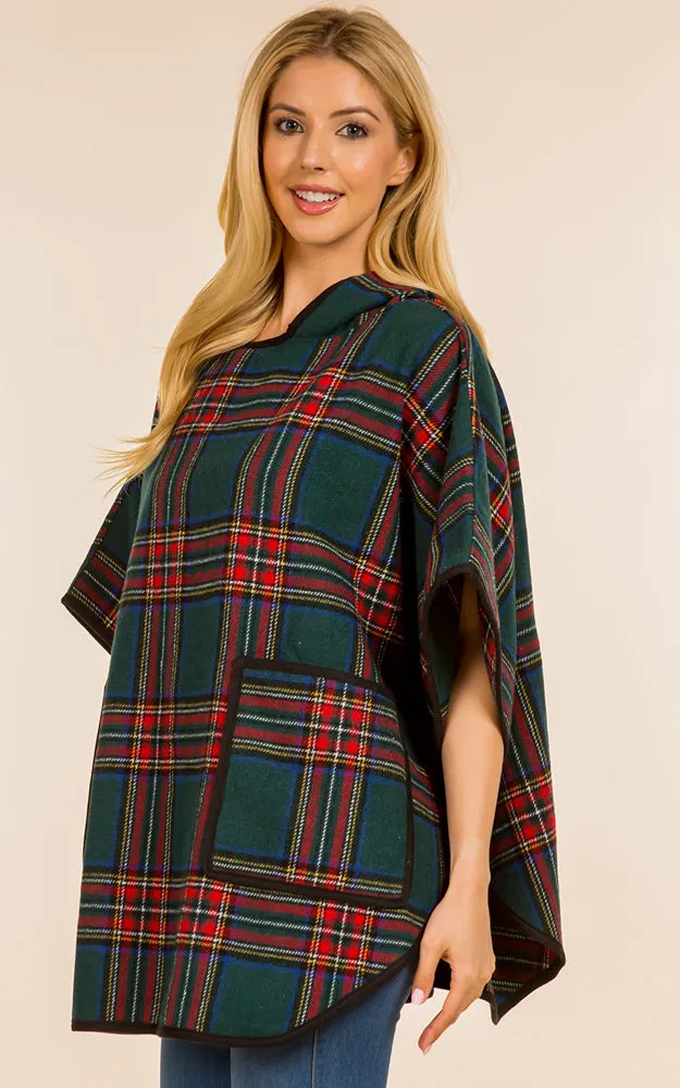 PA4226 Check Pattern Poncho w/Pocket & Hood