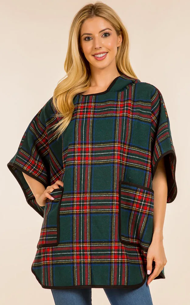 PA4226 Check Pattern Poncho w/Pocket & Hood