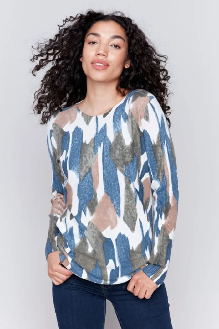 Printed Round Hem Sweater with Front Pockets and Back Lacing