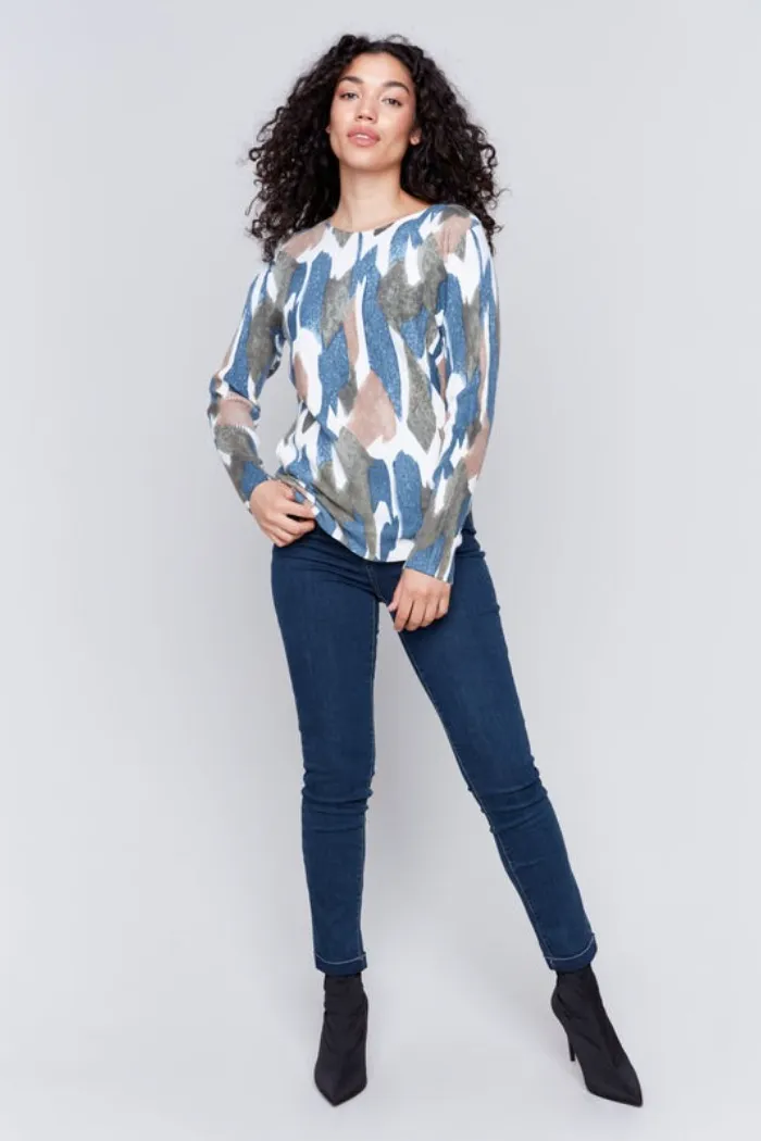 Printed Round Hem Sweater with Front Pockets and Back Lacing