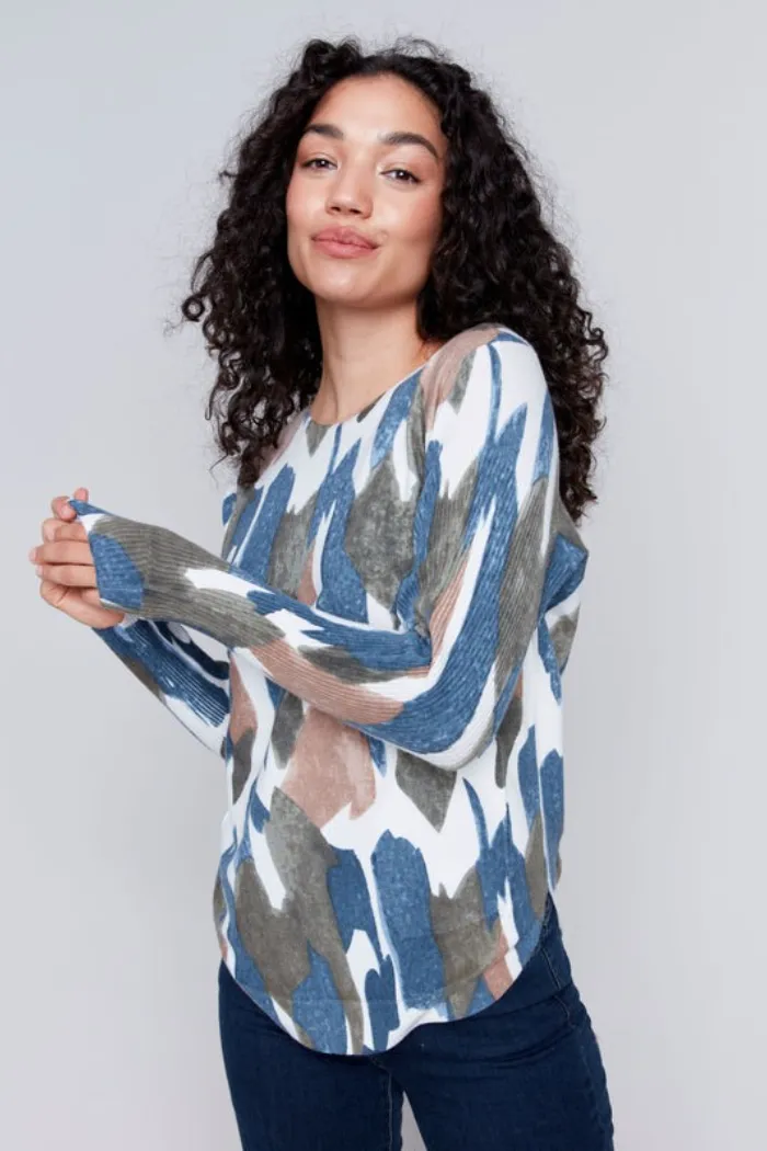 Printed Round Hem Sweater with Front Pockets and Back Lacing