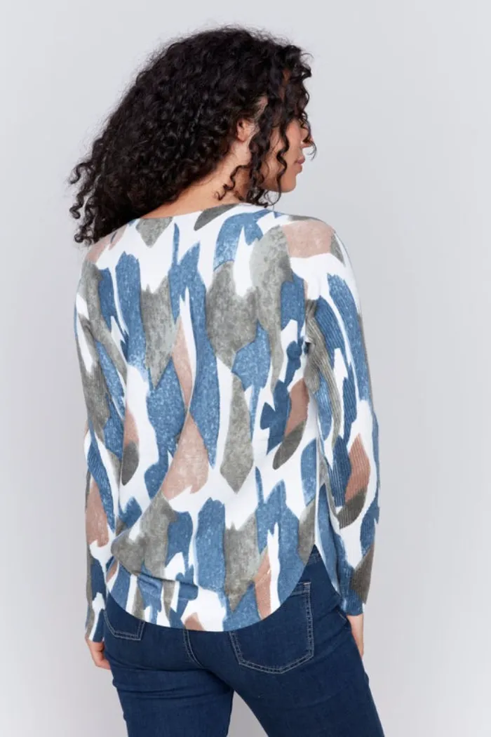 Printed Round Hem Sweater with Front Pockets and Back Lacing