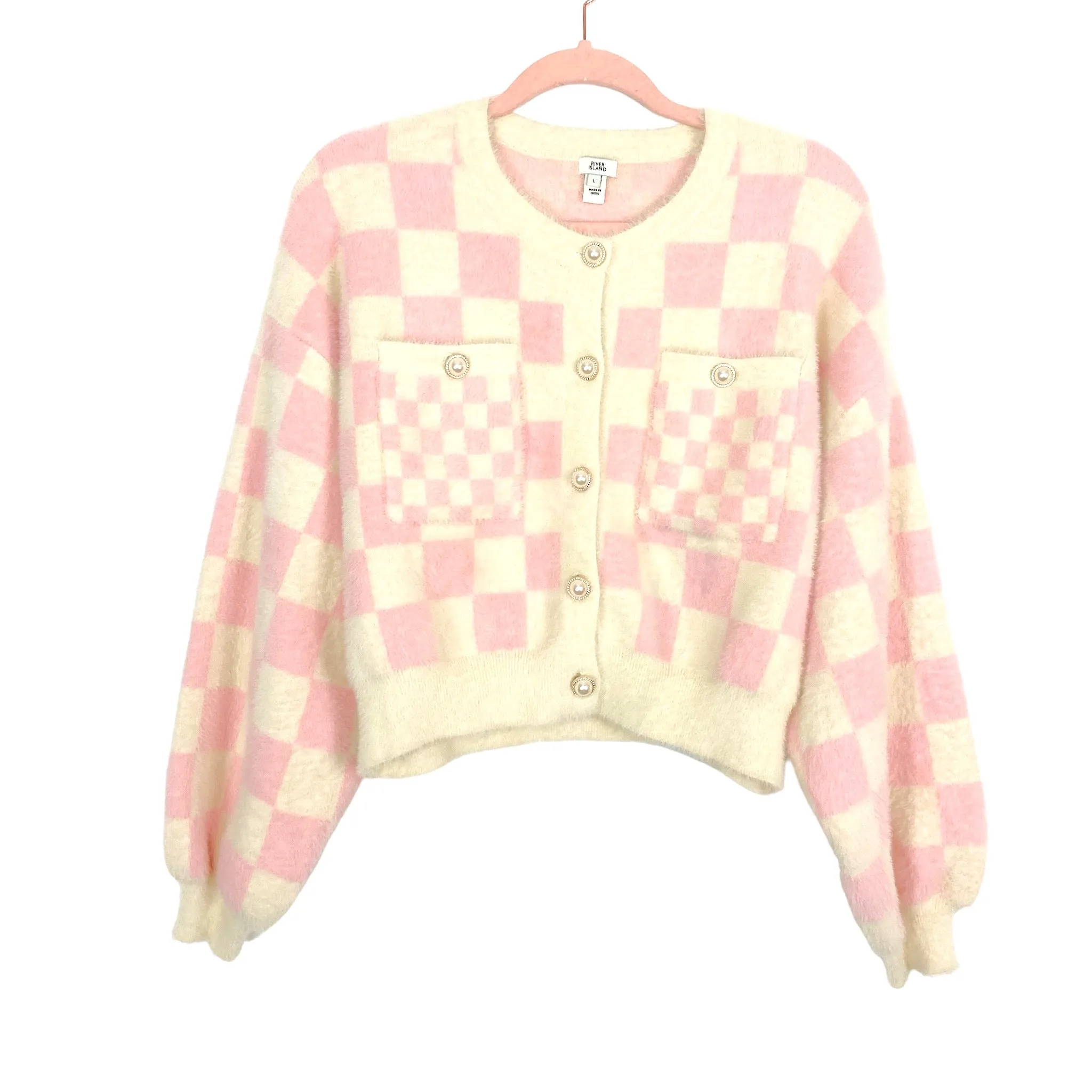 River Island Pink Checkerboard Fluffy Sweater Cardigan- Size L (see notes, sold out online, we have matching skirt)