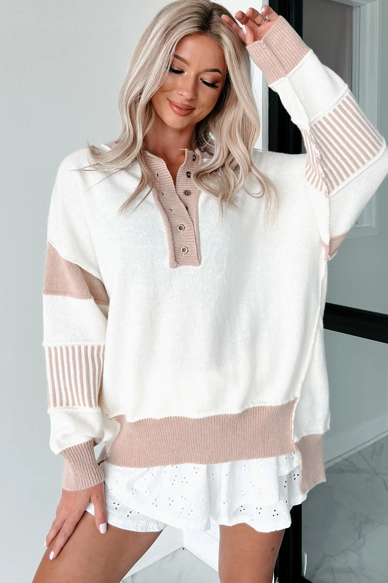 Routinely Casual Oversized Colorblock Sweater (Ivory/Mocha)