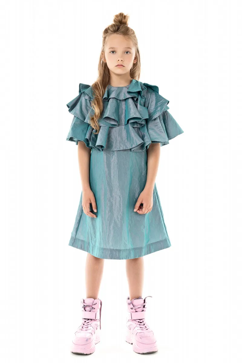 RUFFLE YOKE TURQUOISE DRESS