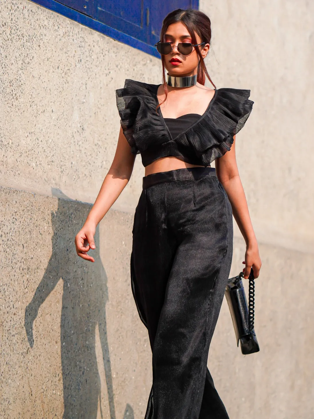 Ruffled Tie Up Pleated Crop Top