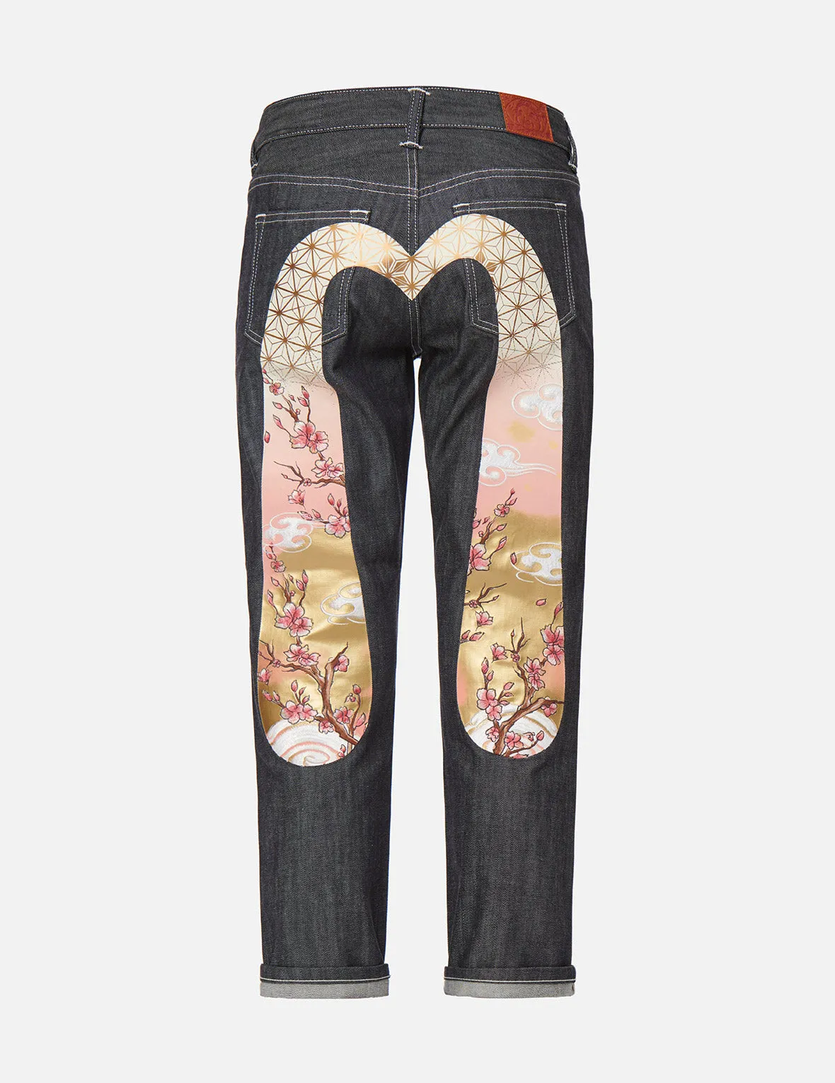 Sakura Embroidery and Brocade Print Daicock Boyfriend Jeans