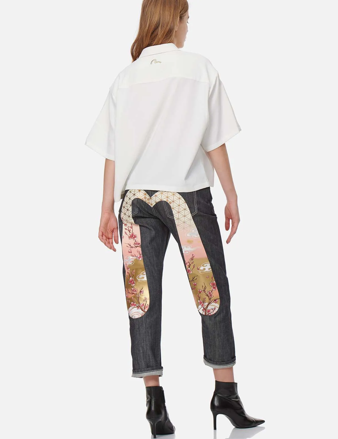 Sakura Embroidery and Brocade Print Daicock Boyfriend Jeans