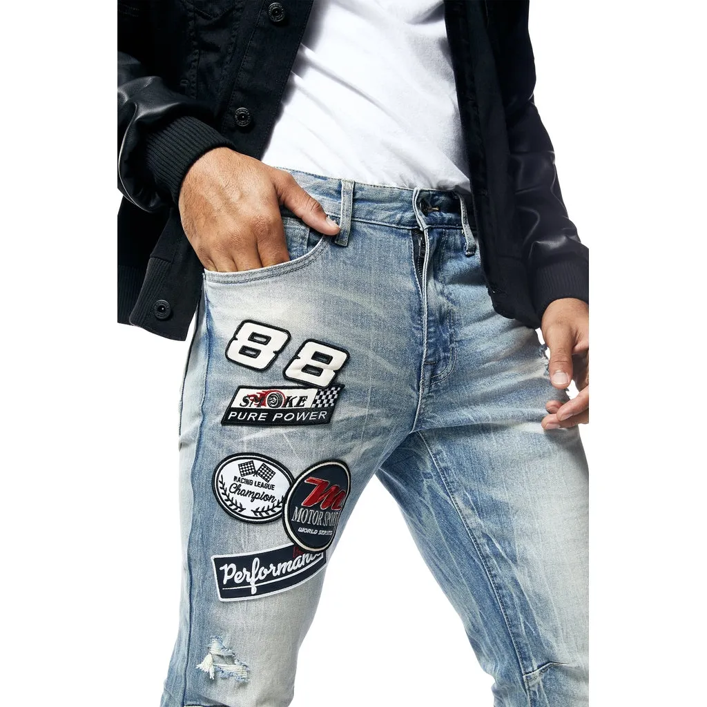 Slim Embroidered Patched Racing Jeans - Beacon Blue