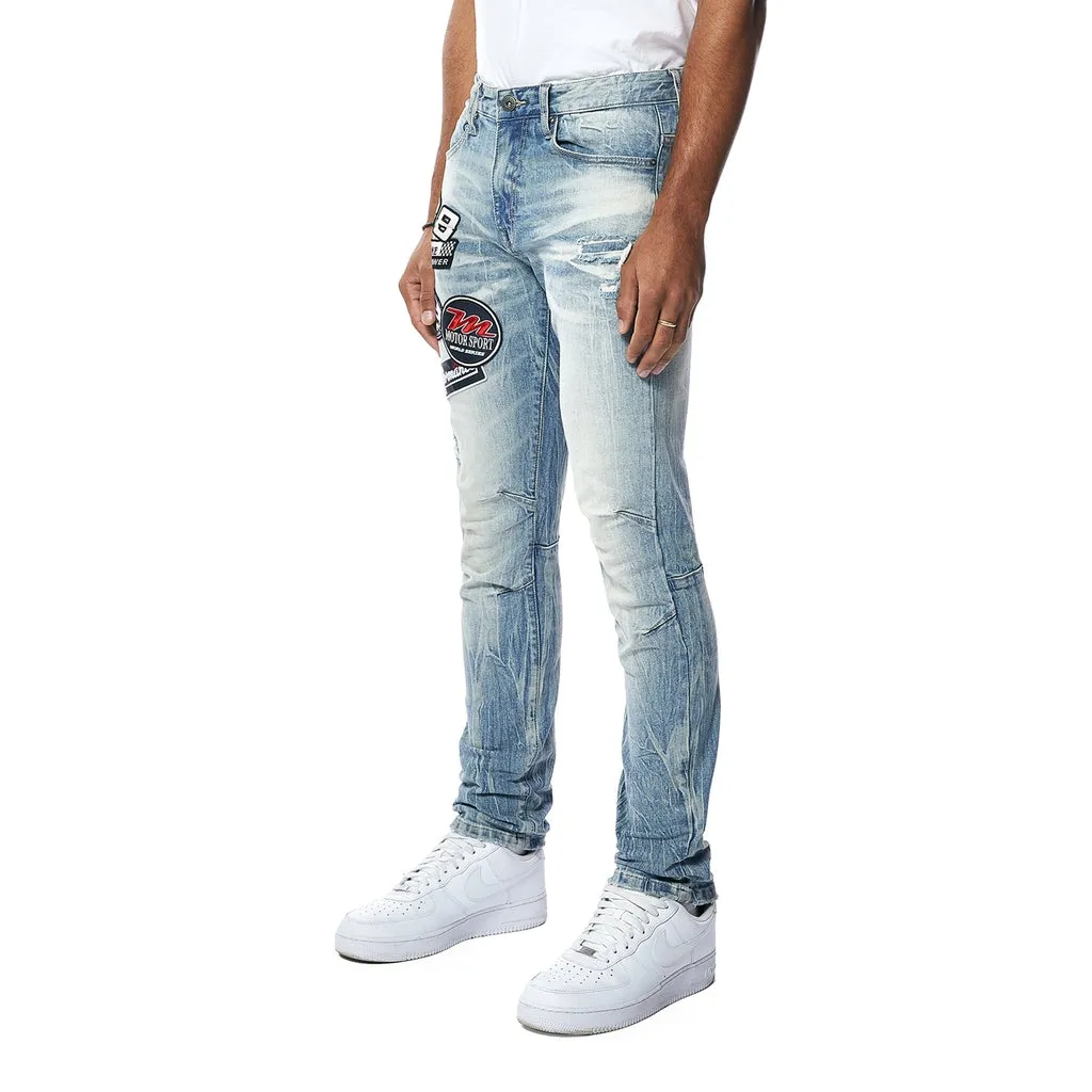 Slim Embroidered Patched Racing Jeans - Beacon Blue