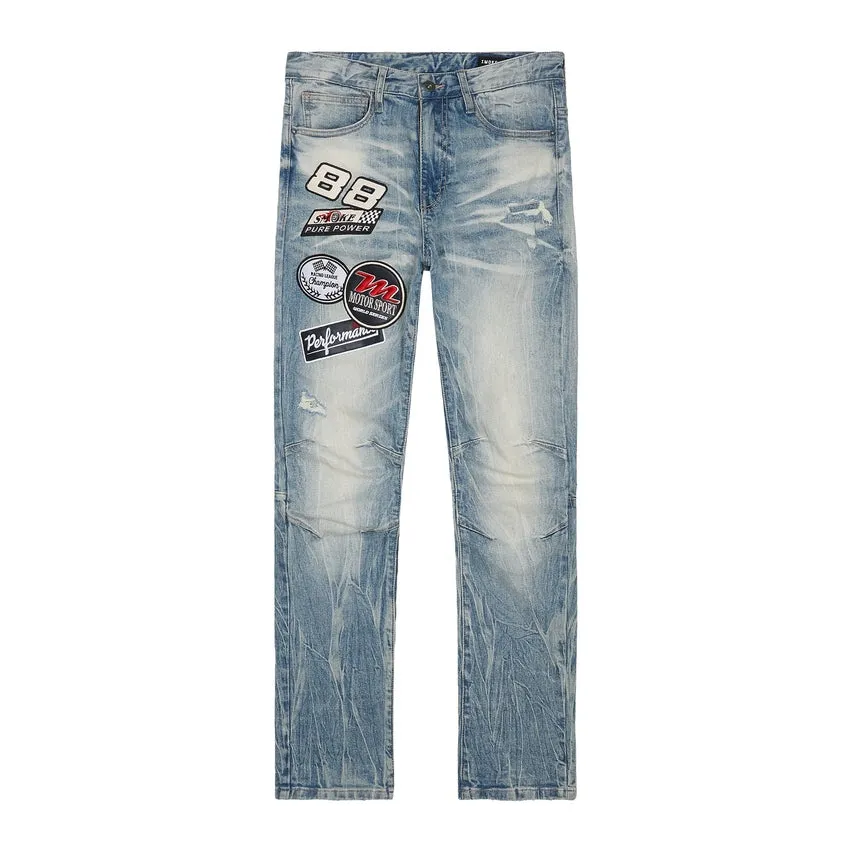 Slim Embroidered Patched Racing Jeans - Beacon Blue