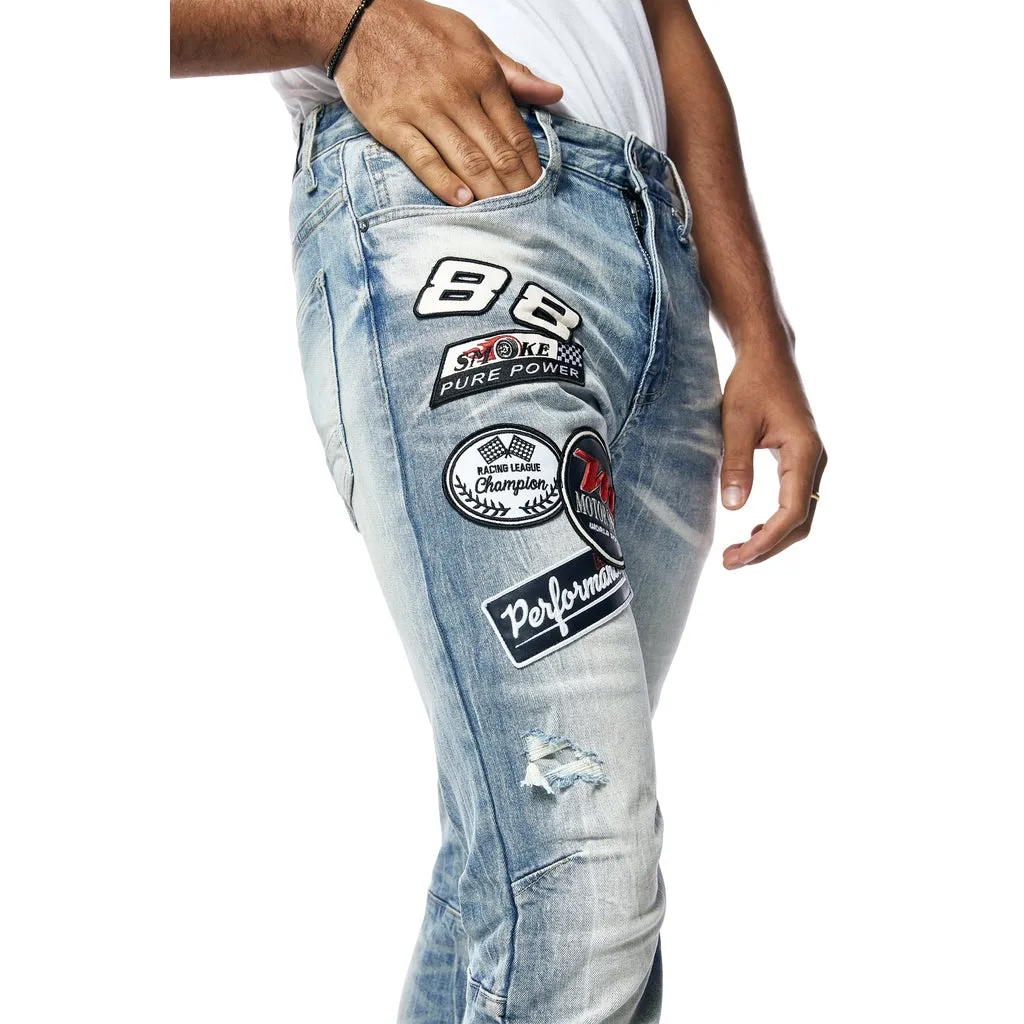 Slim Embroidered Patched Racing Jeans - Beacon Blue