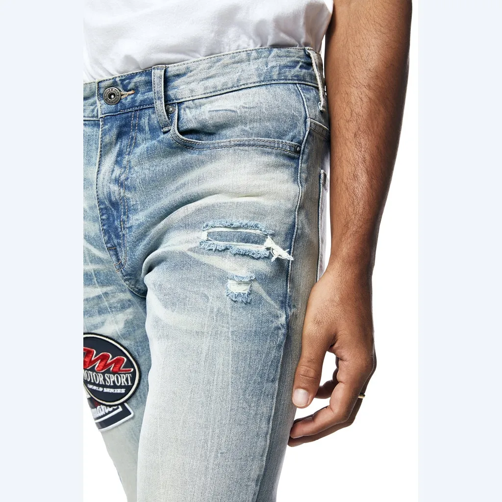 Slim Embroidered Patched Racing Jeans - Beacon Blue