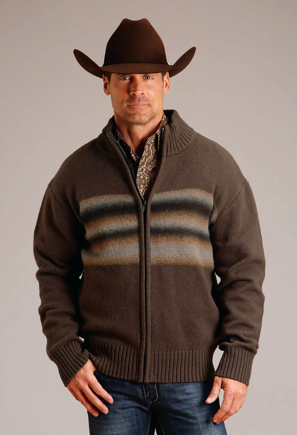 Stetson Mens Ombre Border Stripe Grey Wool Blend Cardigan Sweater