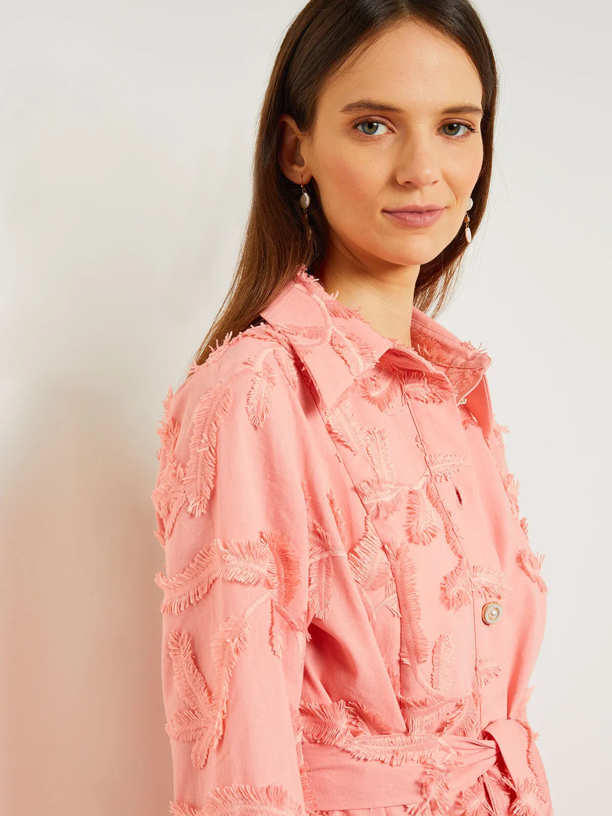 Tailored Fit Button Front Jacket - Belted Fringe Applique Cotton