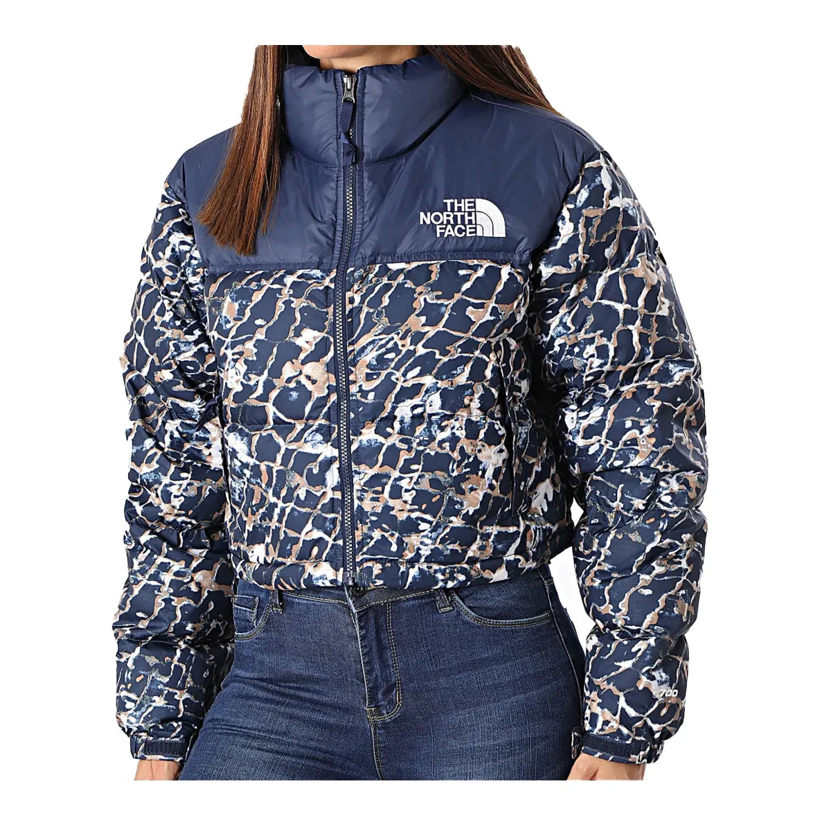 The North Face Womens 1996 Retro Nuptse Jacket NF0A3XEO-OTP Dusty Periwinkle Water Distortion Small Print/Summit Navy