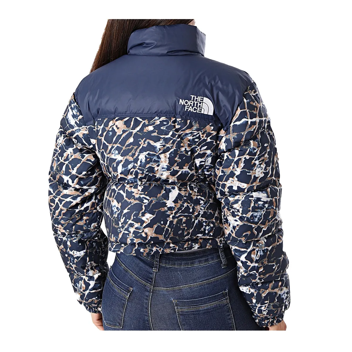 The North Face Womens 1996 Retro Nuptse Jacket NF0A3XEO-OTP Dusty Periwinkle Water Distortion Small Print/Summit Navy