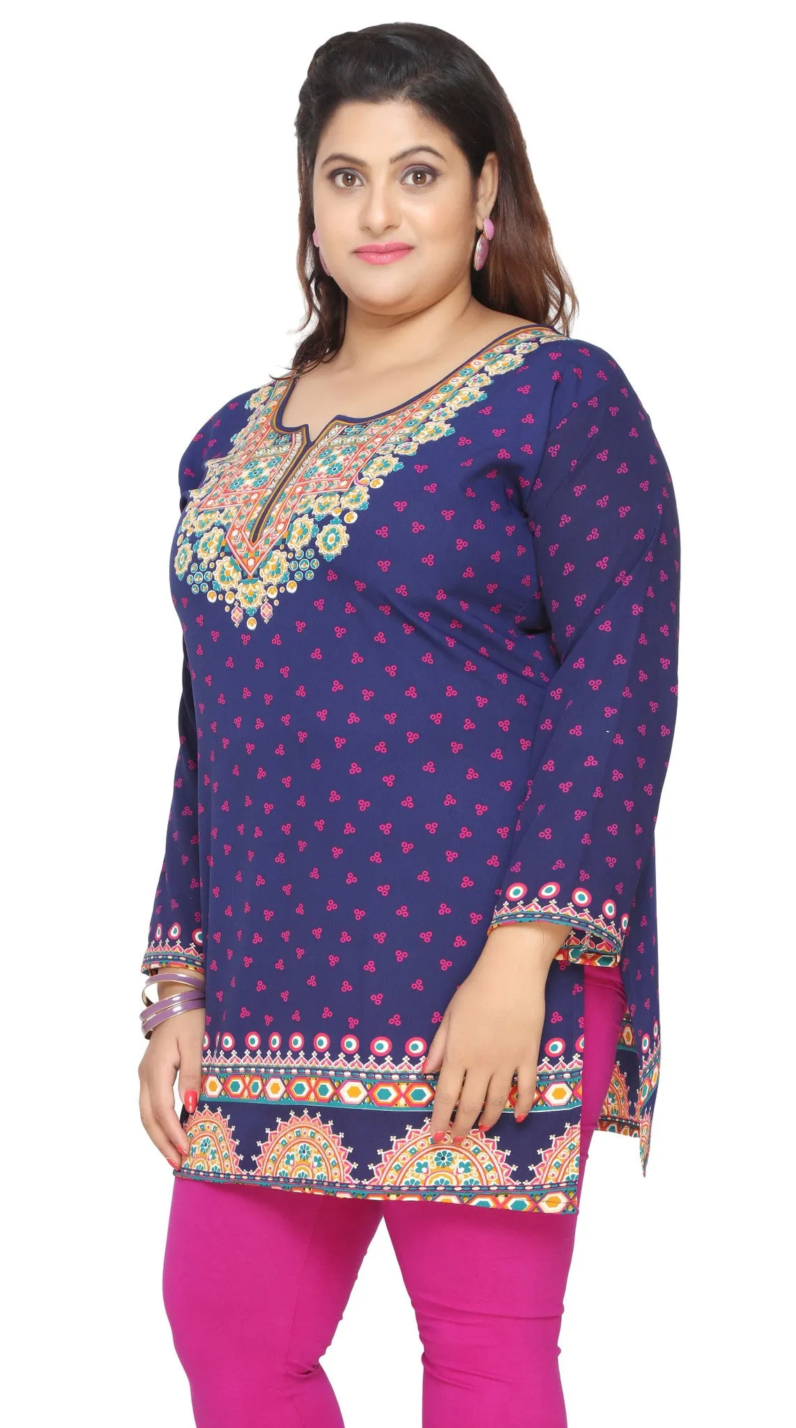 Tunic Top Kurti Womens Printed Plus Size Indian Clothes (Blue)