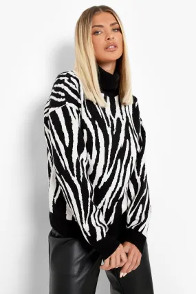 Turtleneck Jacquard Zebra Sweater