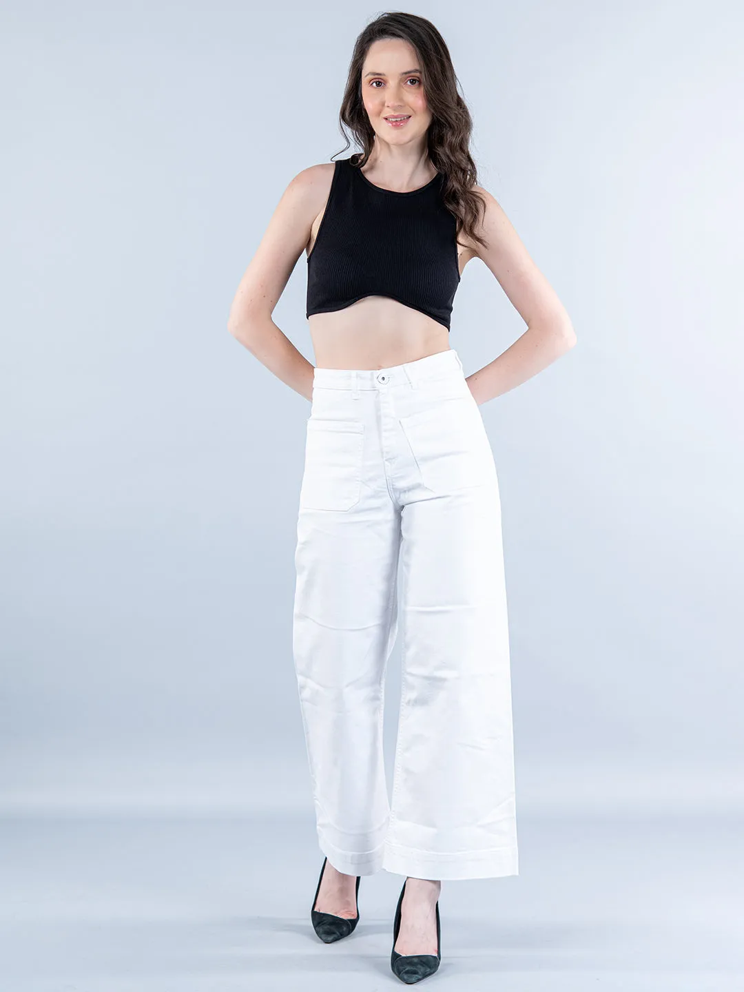 Two Pocket White Flared Jeans For Women