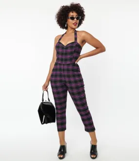 Unique Vintage 1970s Purple & Black Plaid Marcel Jumpsuit