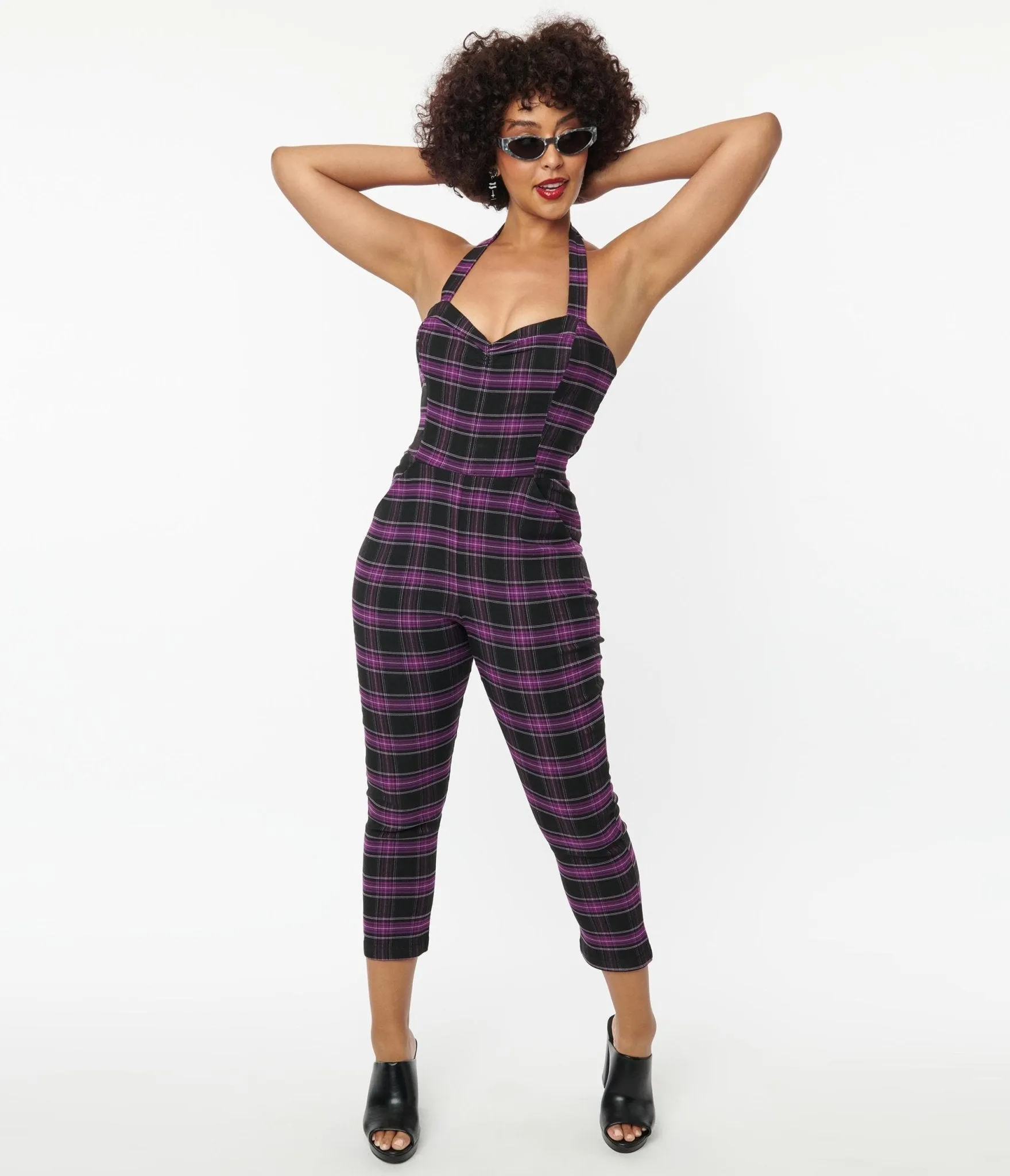 Unique Vintage 1970s Purple & Black Plaid Marcel Jumpsuit