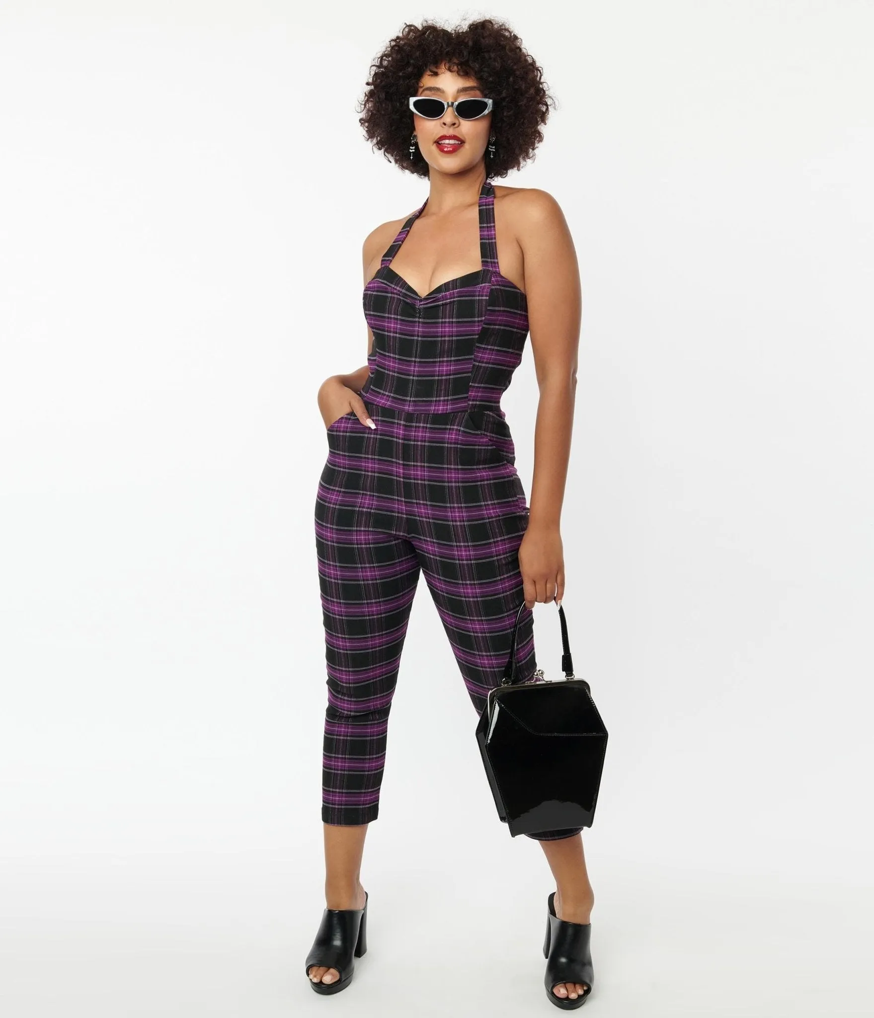 Unique Vintage 1970s Purple & Black Plaid Marcel Jumpsuit