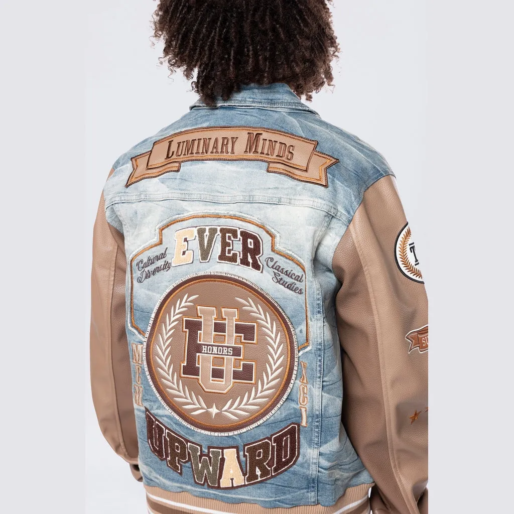 Varsity Vegan Leather Sleeve Jean Jacket - Clyde Blue