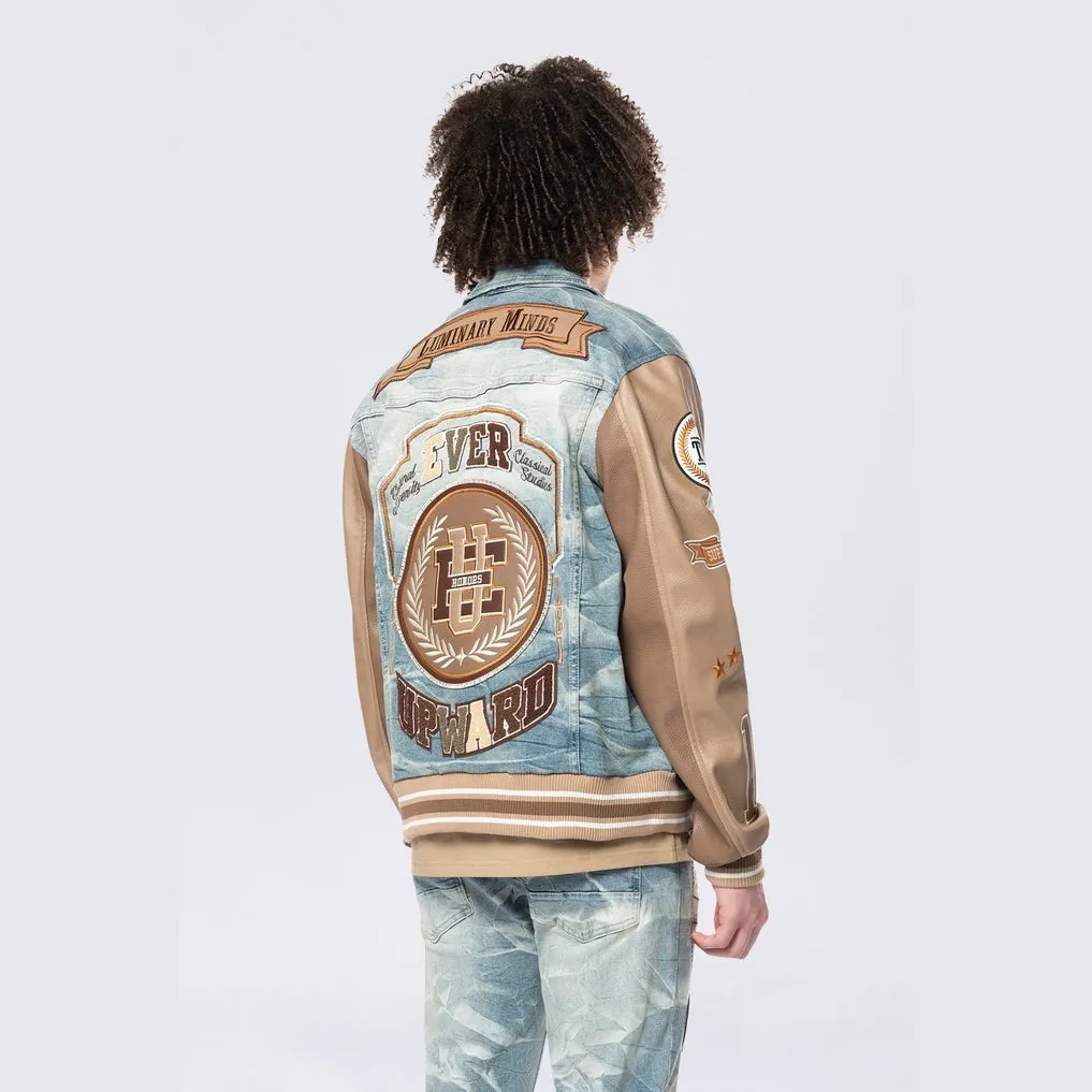 Varsity Vegan Leather Sleeve Jean Jacket - Clyde Blue