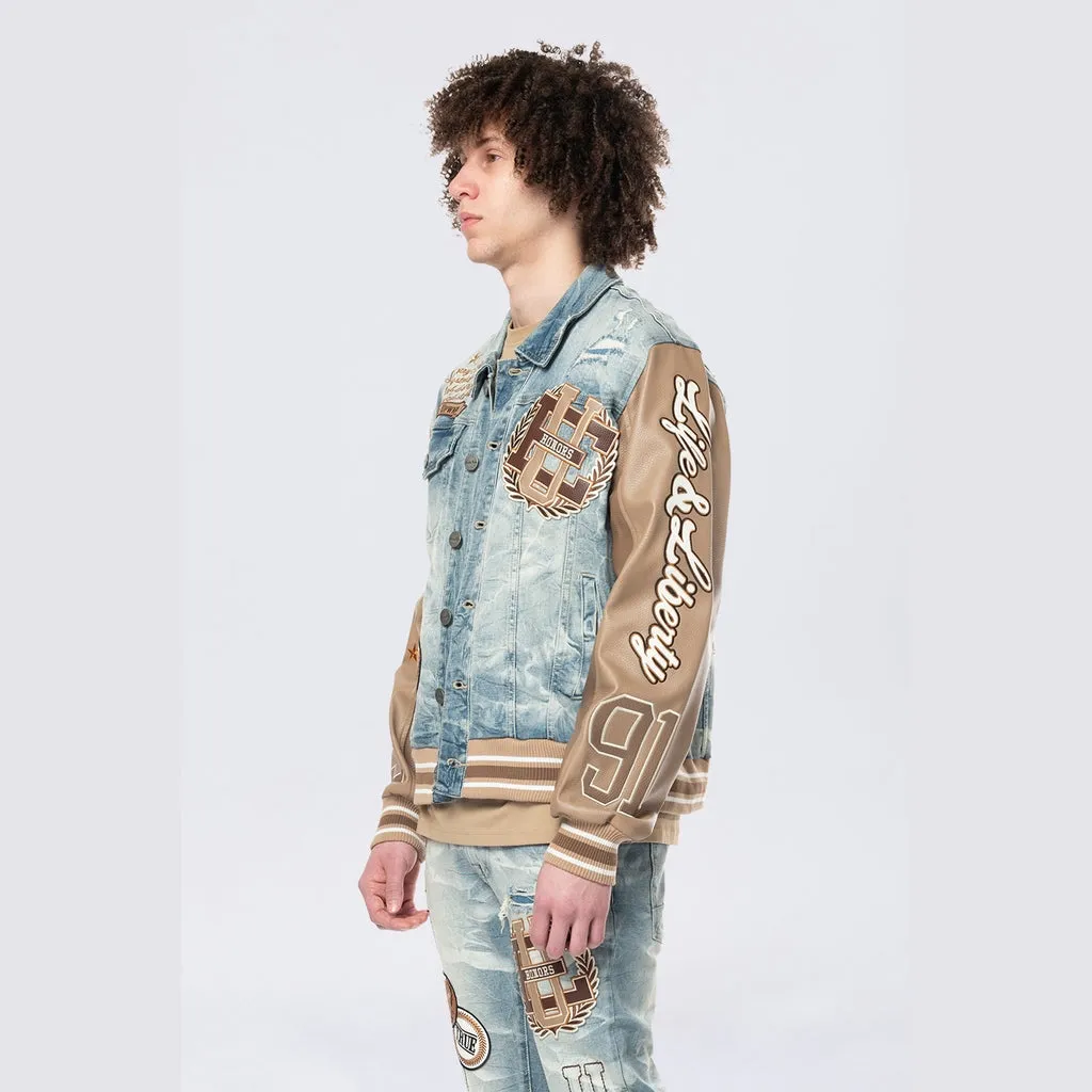 Varsity Vegan Leather Sleeve Jean Jacket - Clyde Blue