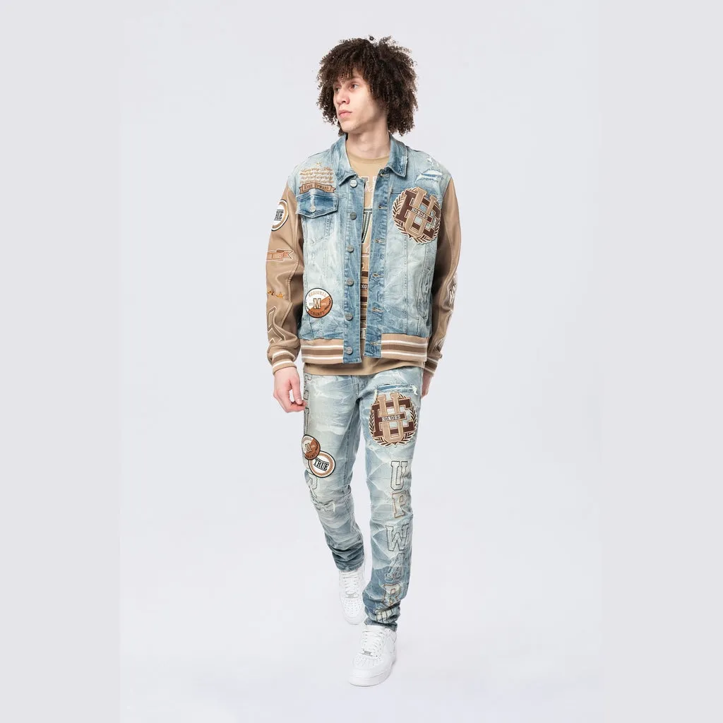 Varsity Vegan Leather Sleeve Jean Jacket - Clyde Blue