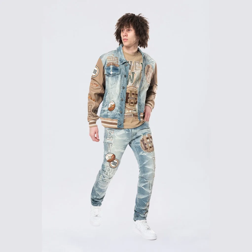 Varsity Vegan Leather Sleeve Jean Jacket - Clyde Blue