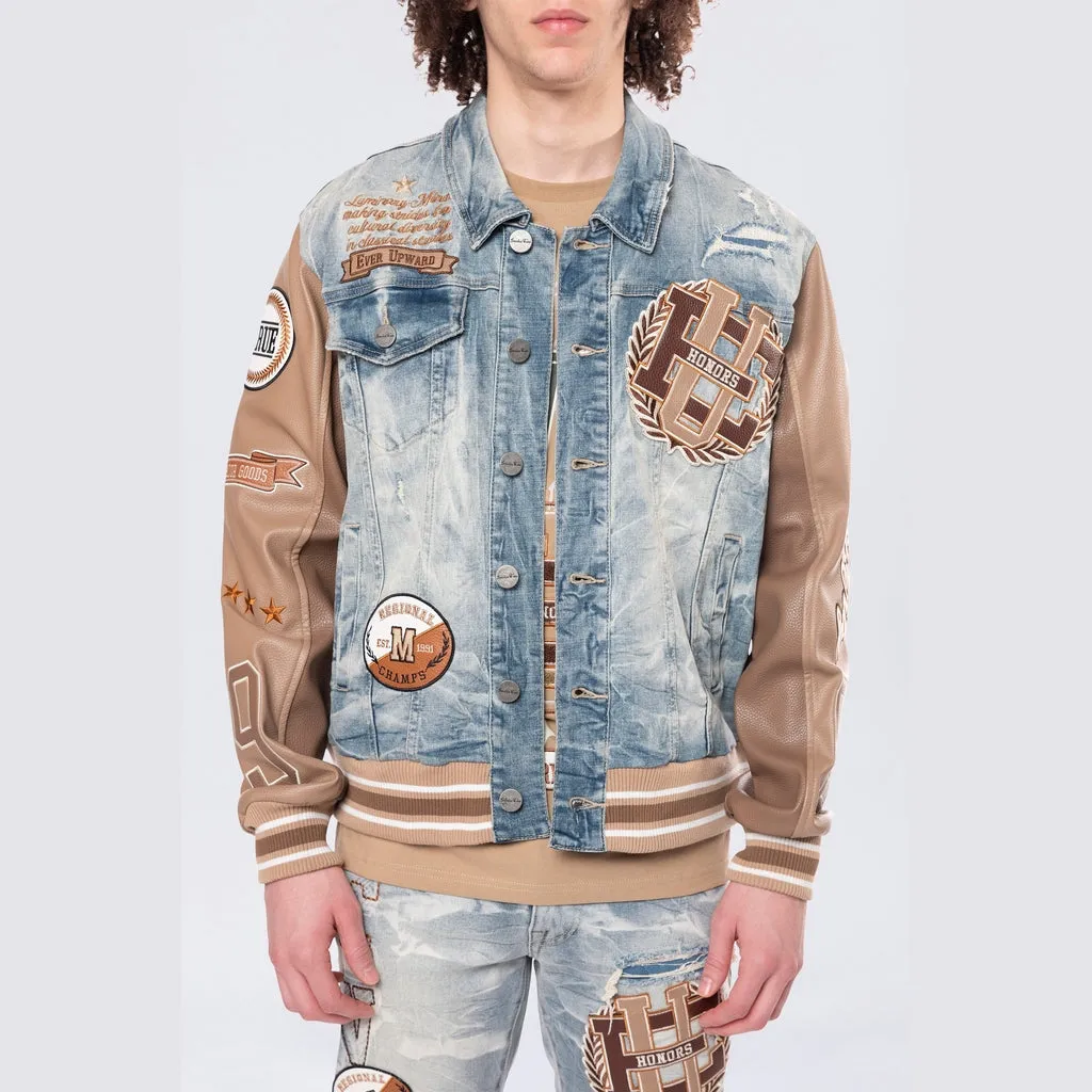 Varsity Vegan Leather Sleeve Jean Jacket - Clyde Blue