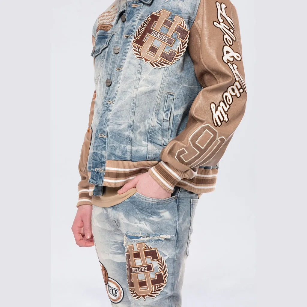 Varsity Vegan Leather Sleeve Jean Jacket - Clyde Blue