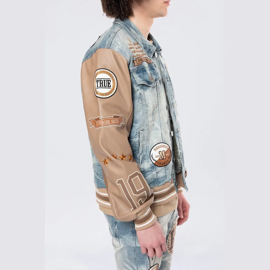 Varsity Vegan Leather Sleeve Jean Jacket - Clyde Blue